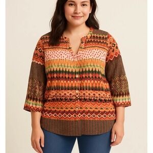 Antilia Femme Blouse Women 2X Sheer Aztec Deep V Neck Western Bohemian